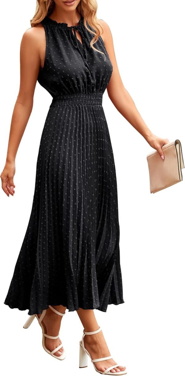 Saonta Womens Midi Summer V Neck Swiss Dot Ruffle Sleeveless A Line Beach Sun Dress