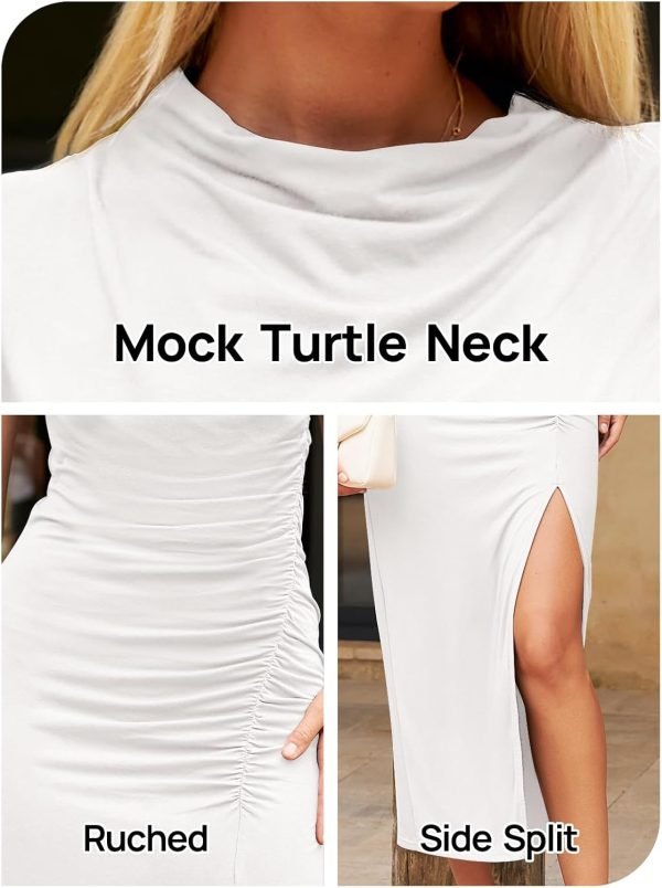 Saonta  Women's Cap Sleeve Mock Neck Midi Dress High Slit Bodycon Ruched Sexy Cocktail Party Dresses