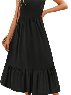 Saonta Women's 2024 Summer Sleeveless Dress Square Neck Pleated Swing Casual Maxi Dresses with Pockets