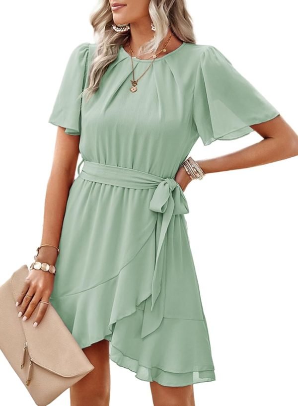 Saonta  Womens Summer Dresses 2024 Crewneck Short Sleeve Waist Tie Ruffle Casual Chiffon A-Line Swing Mini Dress