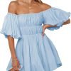 Saonta  Womens Off The Shoulder Summer Dresses 2024 Short Lantern Sleeve Ruffle Elastic Waist A-Line Casual Mini Dress