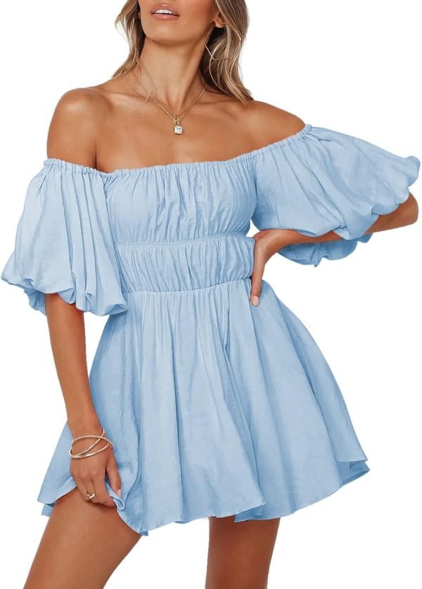Saonta  Womens Off The Shoulder Summer Dresses 2024 Short Lantern Sleeve Ruffle Elastic Waist A-Line Casual Mini Dress