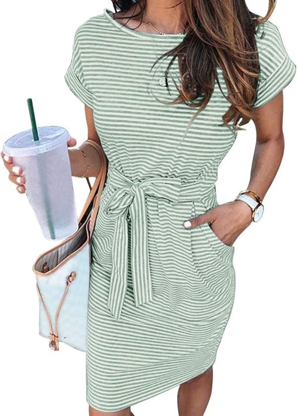 Saonta  Women's Summer Striped Short Sleeve T Shirt Dress Casual Tie Waist with Pockets