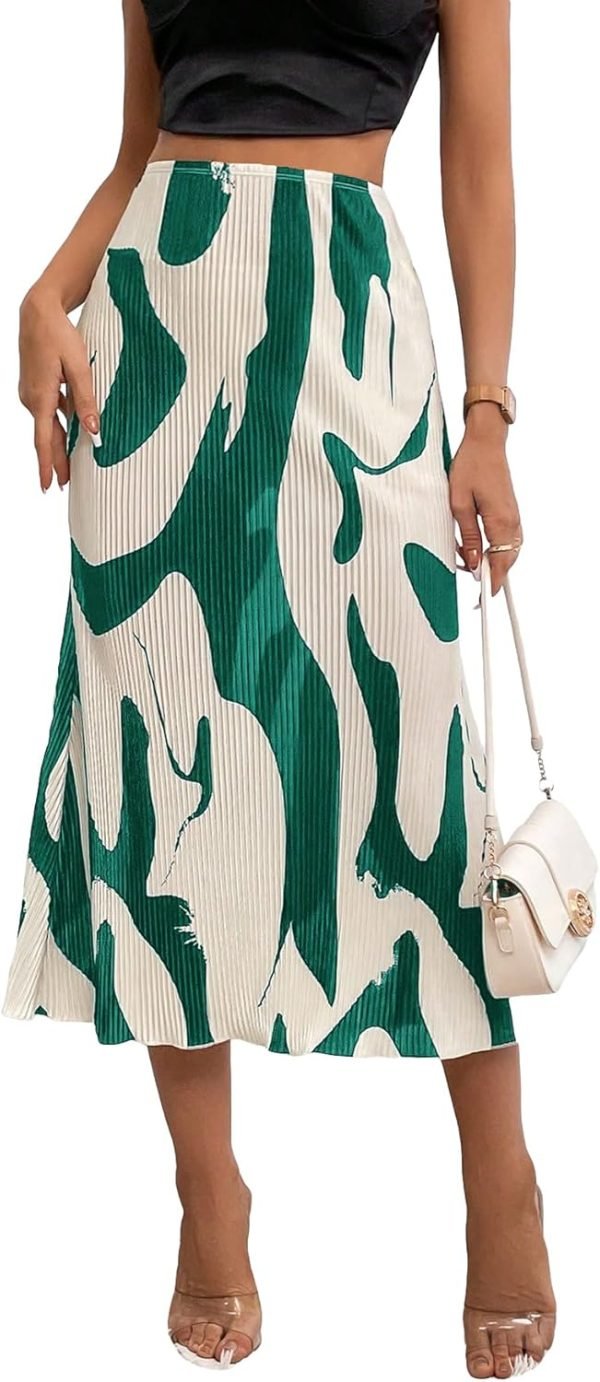 Saonta  Women's High Waist Graphic Print A Line Pleated Long Skirt