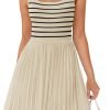 Saonta Women's Summer Sleeveless Mini Dress 2024 Square Neck Striped Knit A Line Pleated Tank Dresses