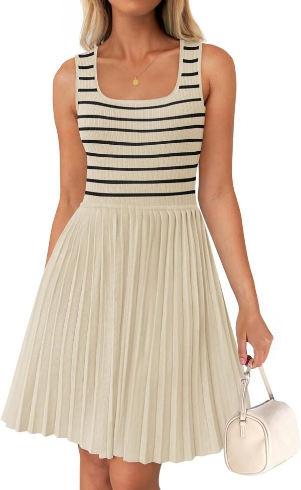 Saonta Women's Summer Sleeveless Mini Dress 2024 Square Neck Striped Knit A Line Pleated Tank Dresses