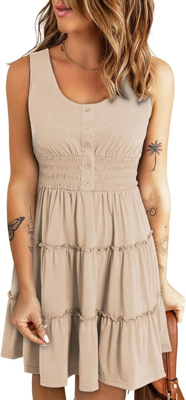 Saonta  Womens Summer Dresses 2024 Sleeveless Button Down Smocked Elastic Waist Ruffle Tiered Casual Swing Mini Dress