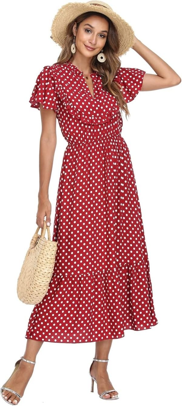Women's Polka Dots Short Sleeve V Neck Dresses Vintage Boho Maxi Summer Dress with Stretchy Waist