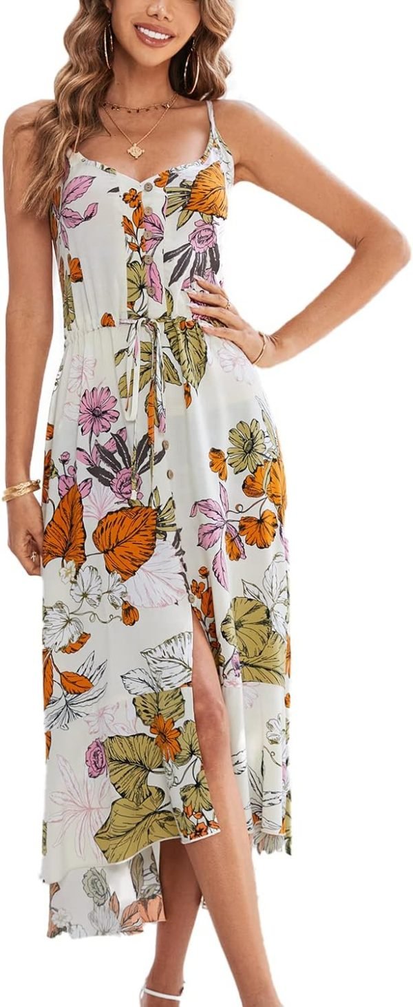 Saonta  Women's 2024 Summer Casual Boho Sundress Polka Dot Spaghetti Strap V Neck Flowy Midi Dresses