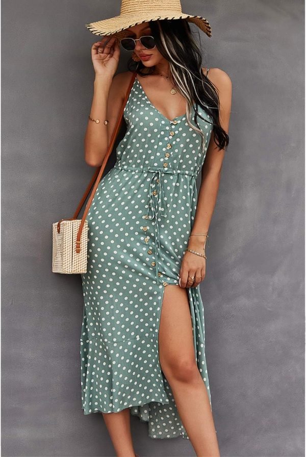 Saonta  Women's 2024 Summer Casual Boho Sundress Polka Dot Spaghetti Strap V Neck Flowy Midi Dresses