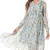 Saonta  Women Floral Print V Neck Long Sleeves Ruffles Pleated Chiffon Flowy Swing Midi Dress