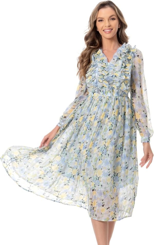 Saonta  Women Floral Print V Neck Long Sleeves Ruffles Pleated Chiffon Flowy Swing Midi Dress