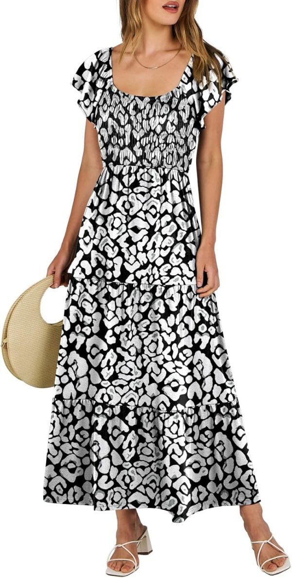 Saonta  Women's 2024 Summer Casual Maxi Dress Flutter Sleeve Scoop Neck Smocked Tiered A Line Flowy Beach Long Sun Dresses