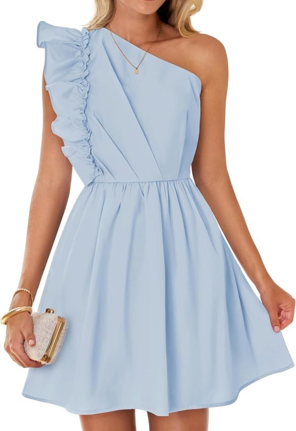 Saonta Women's Summer One Shoulder Ruffle Dress 2024 Boho Sleeveless Elastic High Waist Swing Mini Dresses