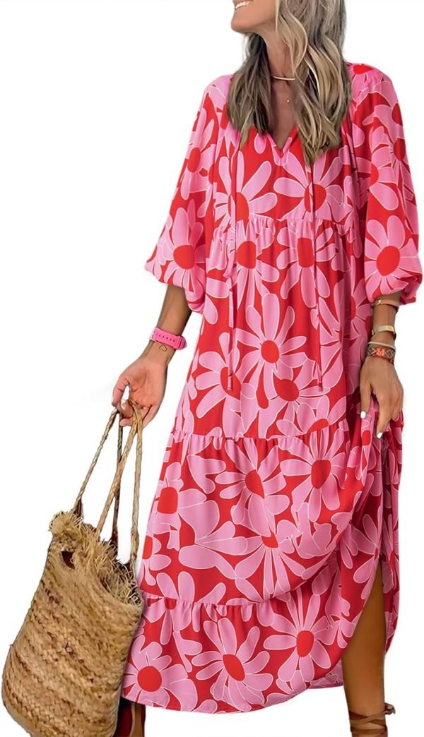 Saonta  Women Boho Maxi Dresses 2024 V Neck Long Puff Sleeve Smocked Ruffle Flowy Casual Dress