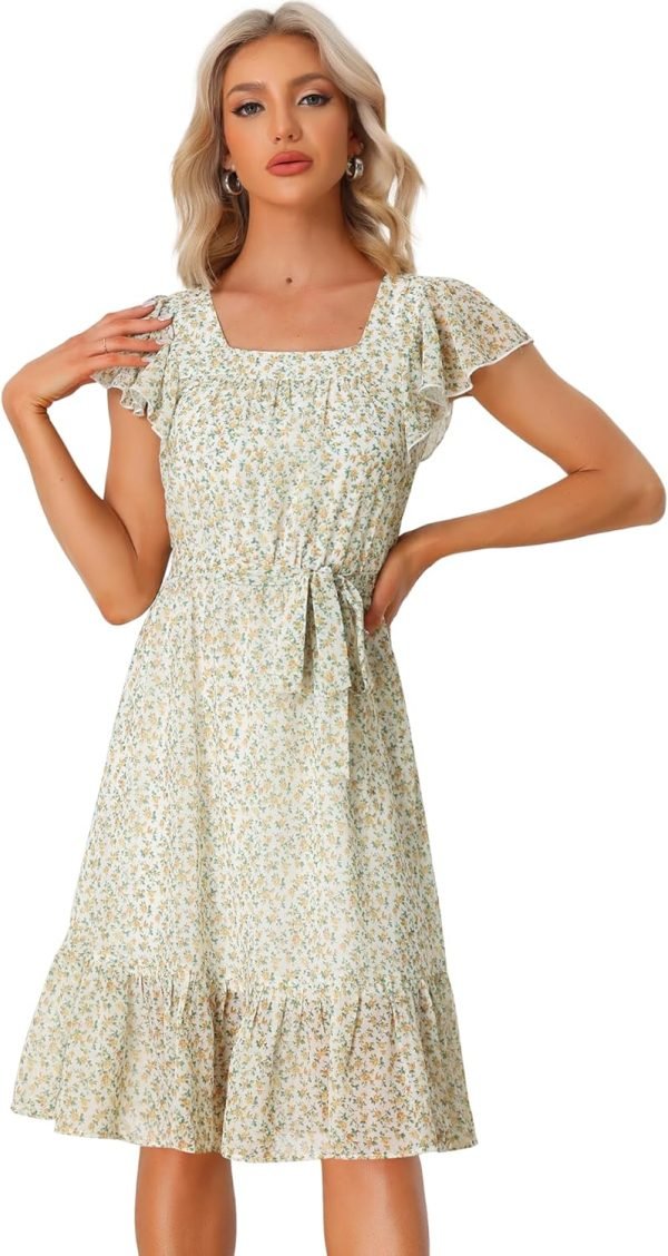 Saonta  K Women's Floral Chiffon Flutter Sleeve Belted Square Neck Ruffled Hem Dress