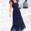 Saonta  Womens 2024 Summer Casual Sleeveless Smocked Ruffle Tulle Flowy Beach Sundress