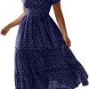 711PI43AuiL._AC_SL1500 Saonta Dresses for Women 2023 Wedding Guest Summer V Neck Short Sleeve Smocked Ruffle Hem A-Line Polka Dot Boho Maxi Dress