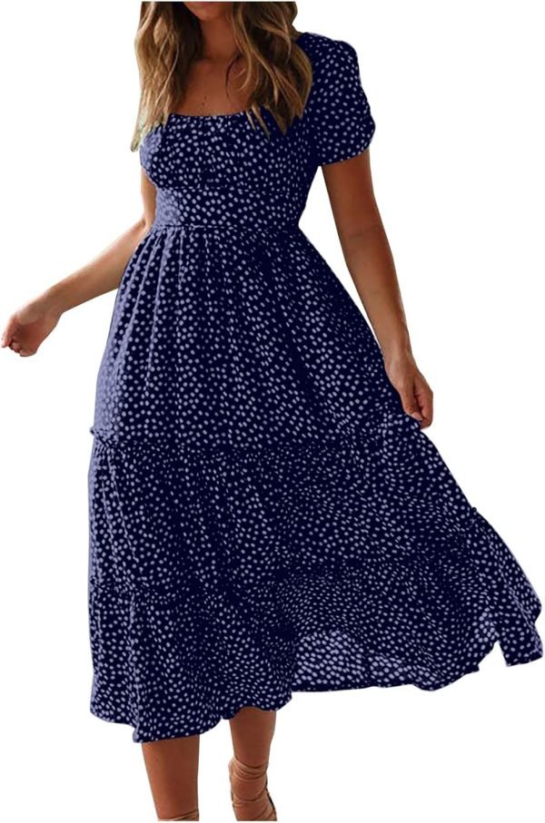 711PI43AuiL._AC_SL1500 Saonta Dresses for Women 2023 Wedding Guest Summer V Neck Short Sleeve Smocked Ruffle Hem A-Line Polka Dot Boho Maxi Dress