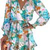 Saonta  Womens Summer Dresses 2024 Boho Floral Drawstring V Neck Smocked Long Sleeve Ruffle Tiered Chiffon Mini Short Dress