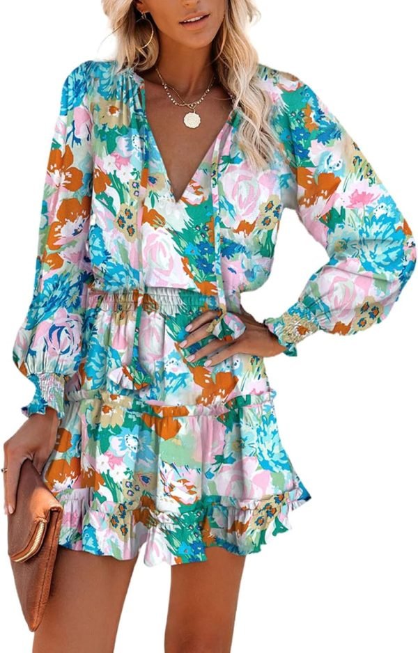 Saonta  Womens Summer Dresses 2024 Boho Floral Drawstring V Neck Smocked Long Sleeve Ruffle Tiered Chiffon Mini Short Dress