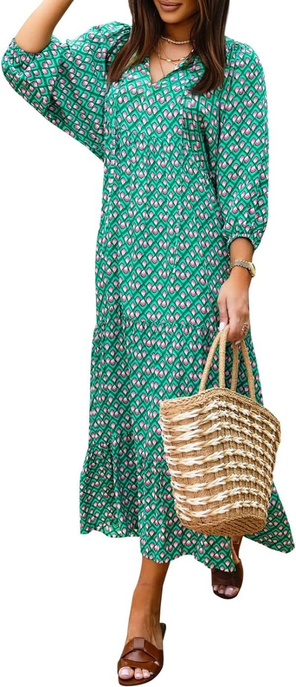 Saonta  Womens Loose Fit Casual Summer V Neck Half Sleeve Bohemian Geometric Pattern Maxi Long Dresses
