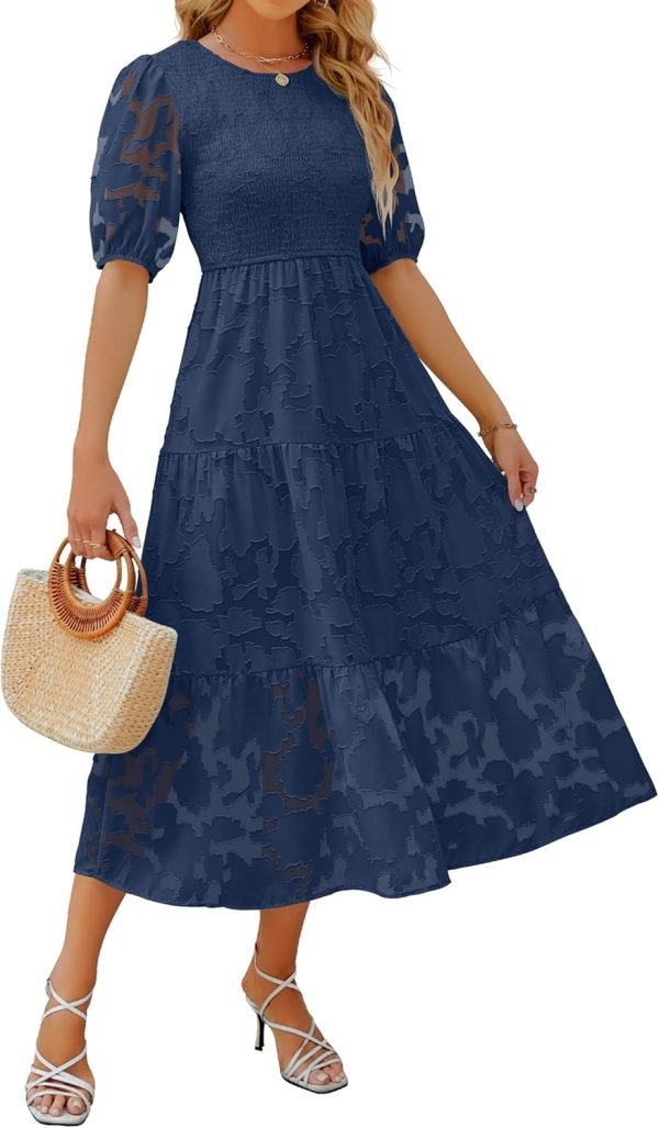 Saonta Women's 2024 Summer Short Puff Sleeve Crewneck Smocked Floral Lace Flowy A Line Tiered Maxi Dresses