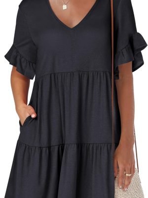 Saonta  Women's 2024 Summer Trendy V Neck Ruffle Short Sleeve A Line Tiered Flowy Casual Mini Beach Dress with Pockets
