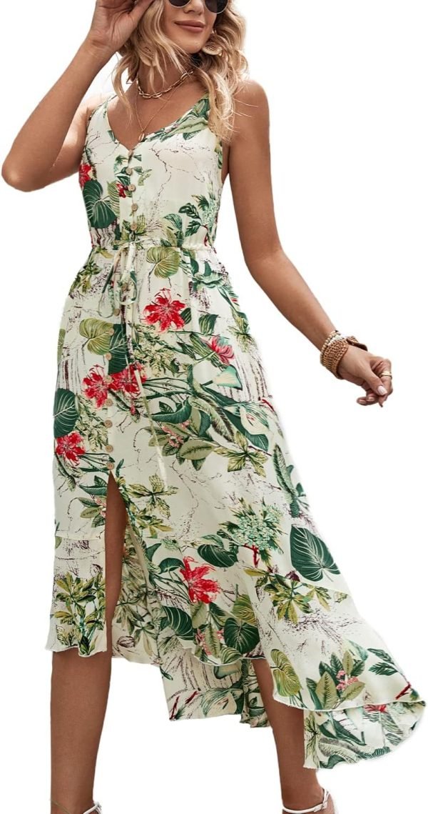 Saonta  Women's 2024 Summer Casual Boho Sundress Polka Dot Spaghetti Strap V Neck Flowy Midi Dresses