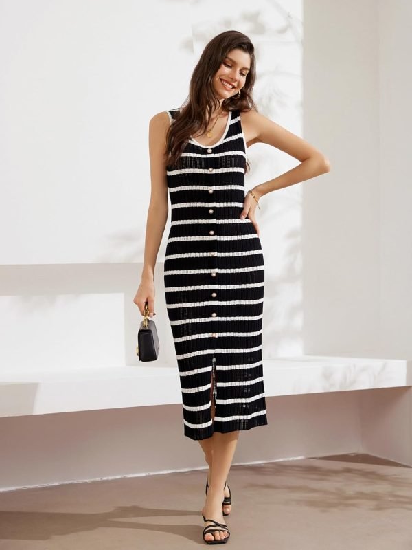 Saonta  Womens 2024 Summer Striped Dress Sleeveless Knitted Midi Bodycon Dresses Tank Ribbed Sweater Beach Dress