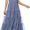Saonta Womens 2024 Summer Casual Sleeveless Smocked Ruffle Tulle Flowy Beach Sundress
