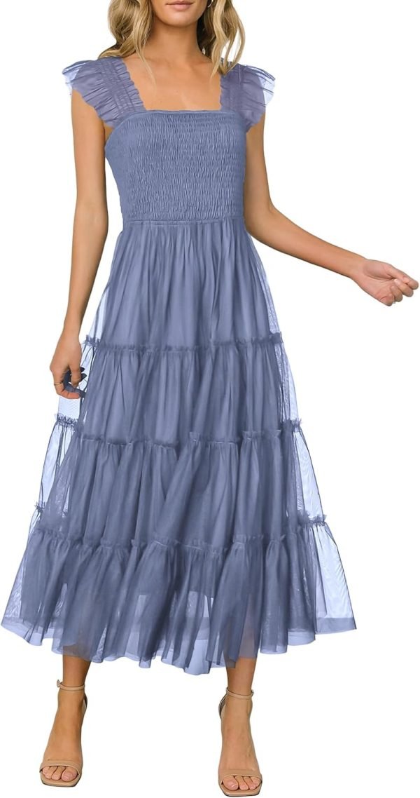 Saonta Womens 2024 Summer Casual Sleeveless Smocked Ruffle Tulle Flowy Beach Sundress