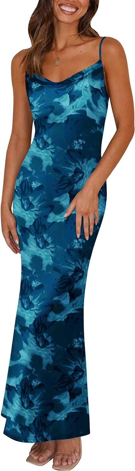 Saonta  Women's 2024 Summer Floral Spaghetti Strap Maxi Dress Stretch Sexy Bodycon Dress Backless Slip Long Dresses