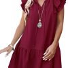 Saonta  Womens Summer V-Neck Drawstring Ruffle Cap Short Sleeve Casual Shift Mini Dress with Pockets