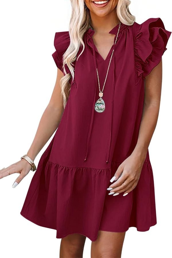 Saonta  Womens Summer V-Neck Drawstring Ruffle Cap Short Sleeve Casual Shift Mini Dress with Pockets