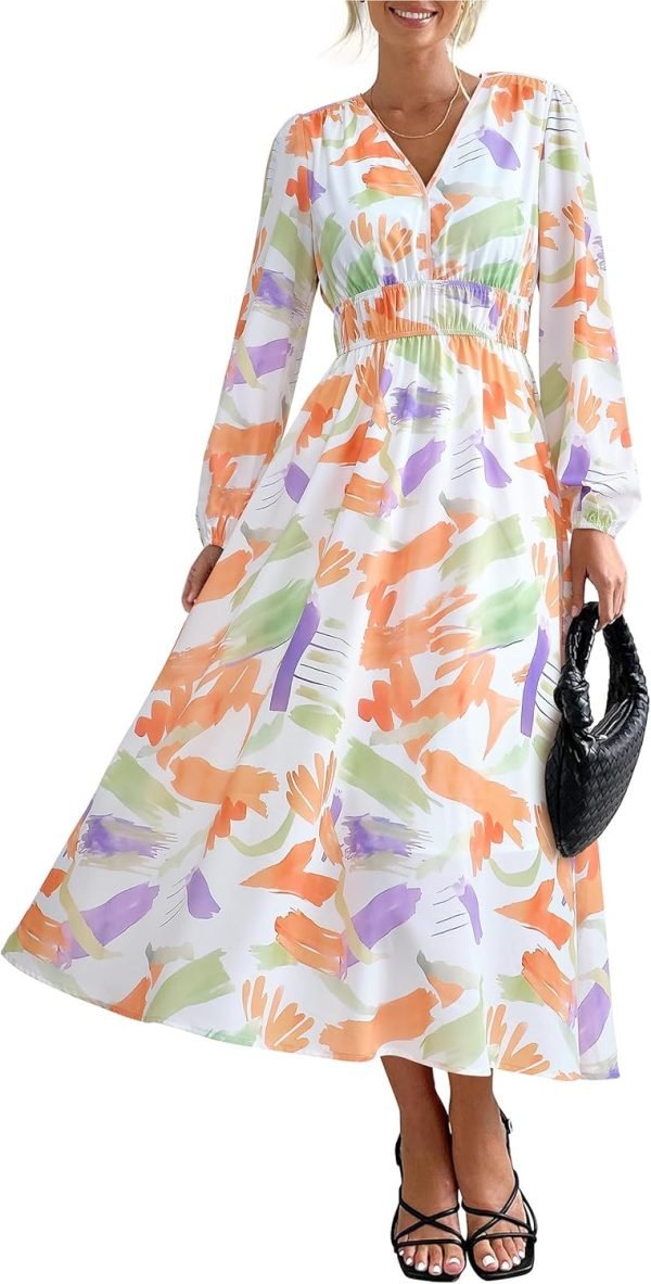 Saonta  Women's 2024 Fall Boho Maxi Dress Casual Long Sleeve V Neck Printed Beach Long Flowy Dresses