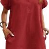 Saonta  Womens Cotton Shirt Dress Summer Casual Short Sleeve Button Down Beach Cover Up Shirts with Pockets