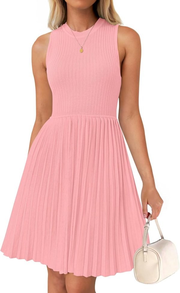 Saonta Women's Summer Sleeveless Mini Dress 2024 Crewneck Knit A Line Pleated Swing Casual Basic Short Dress