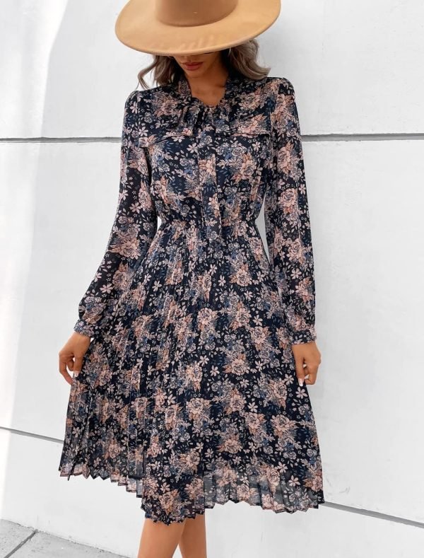 Saonta  Work Dresses for Women 2023 Long Sleeves Chiffon Black Dress Retro Pleated Buttons Down Bow Tie Loose Causal Dresses