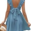 Saonta  Women's Mini Dress V Neck Flutter Sleeve Cotton Self Tie Back A Line Short Summer Cover Up Dress