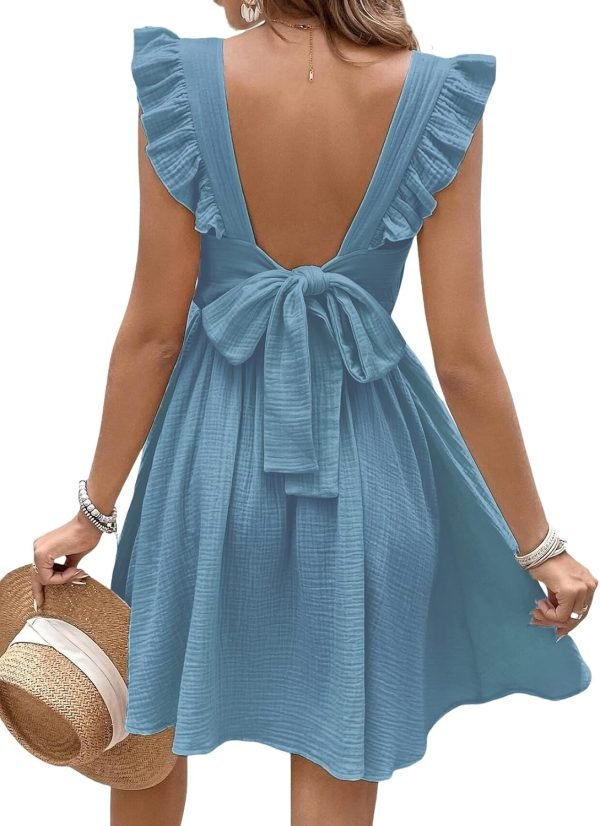 Saonta  Women's Mini Dress V Neck Flutter Sleeve Cotton Self Tie Back A Line Short Summer Cover Up Dress