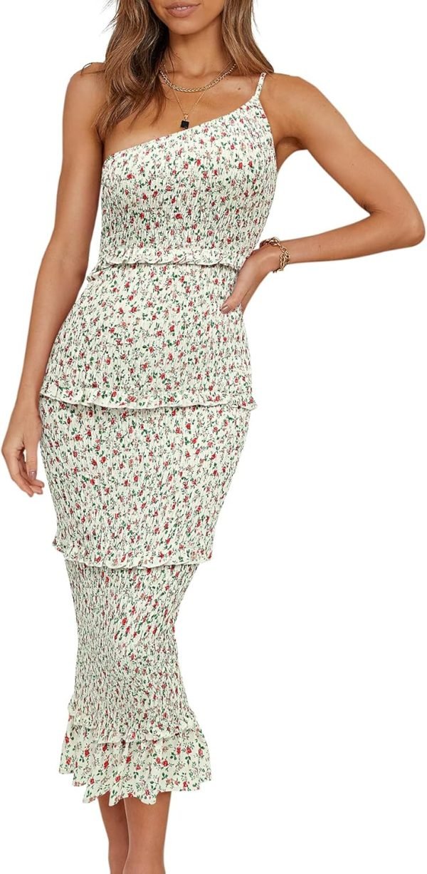 Saonta  Womens Floral Summer One Shoulder Strappy Tiered Ruffle Midi Bodycon Dresses