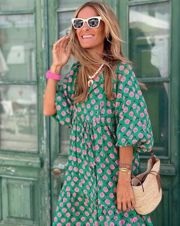 Saonta  Womens Loose Fit Casual Summer V Neck Half Sleeve Bohemian Geometric Pattern Maxi Long Dresses
