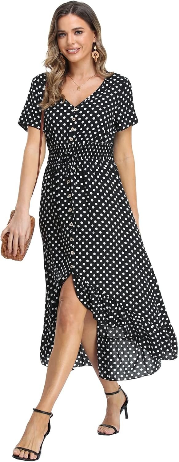 Women's Polka Dots Short Sleeve V Neck Dresses Vintage Boho Maxi Summer Dress with Stretchy Waist