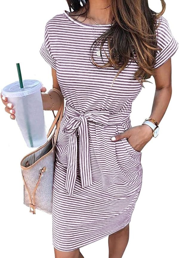 Saonta  Women's Summer Striped Short Sleeve T Shirt Dress Casual Tie Waist with Pockets