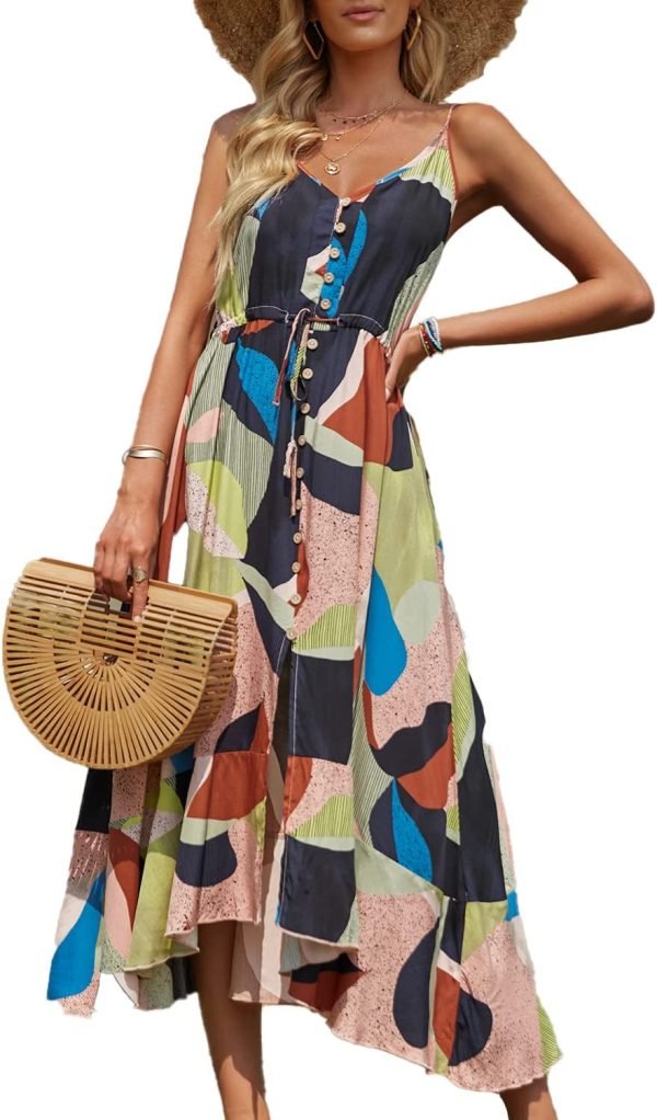 Saonta  Women's 2024 Summer Casual Boho Sundress Polka Dot Spaghetti Strap V Neck Flowy Midi Dresses