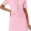 Saonta  Women's Knit Bodycon Sweater Dress Button Short Sleeve Crew Neck Elegant Formal Mini Dress