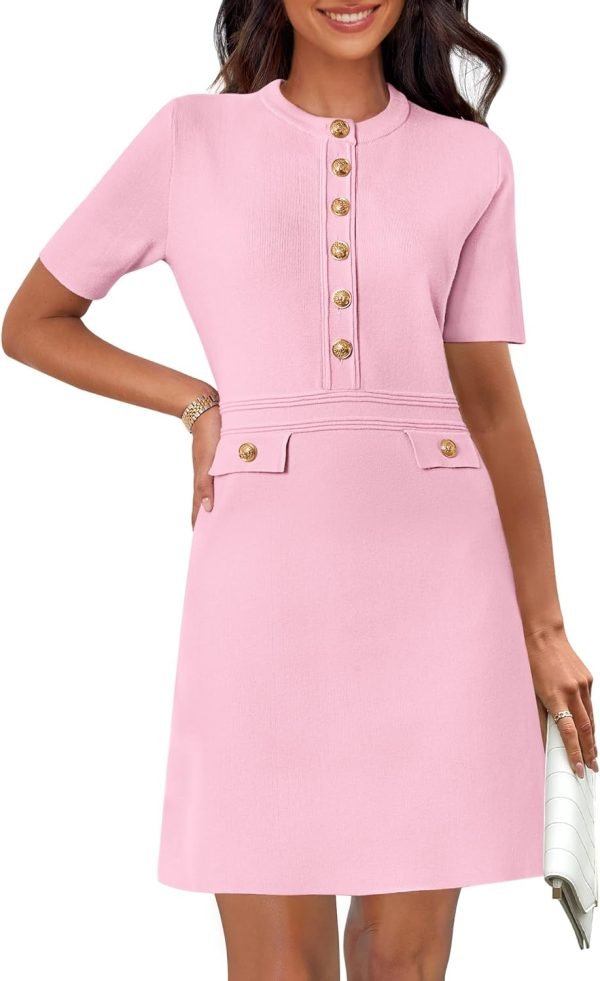Saonta  Women's Knit Bodycon Sweater Dress Button Short Sleeve Crew Neck Elegant Formal Mini Dress