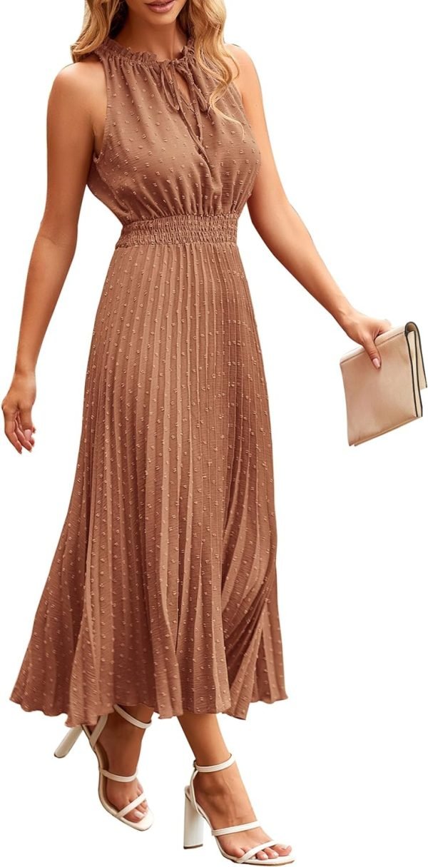 Saonta Womens Midi Summer V Neck Swiss Dot Ruffle Sleeveless A Line Beach Sun Dress