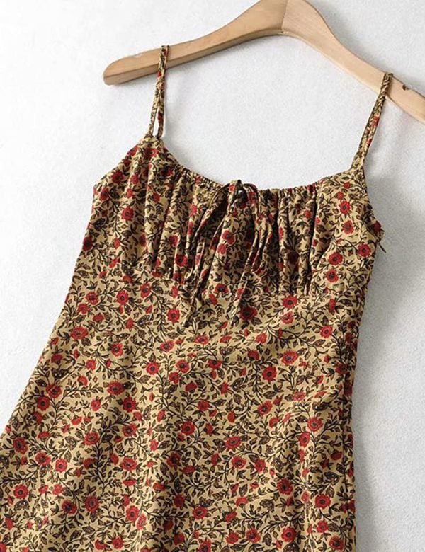 Saonta  Women's Floral Dress Low-Cut Square Neck Spaghetti Strap Tie Bodycorn Dresses